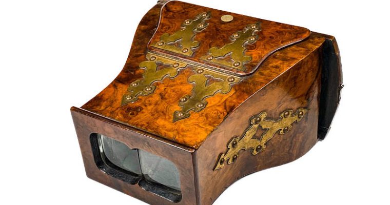 Brewster Stereoscope, Burl Walnut, Brass Fittings, Prismatic Lenses, Luxe