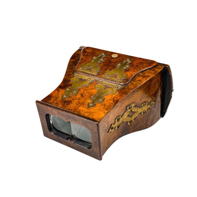 Brewster Stereoscope, Burl Walnut, Brass Fittings, Prismatic Lenses, Luxe