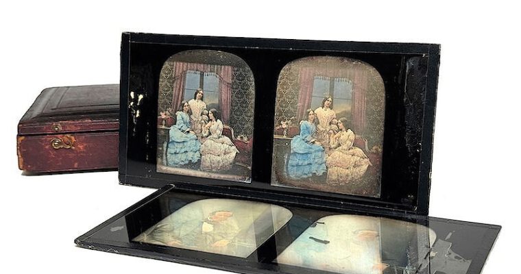 Pair of Tinted Stereo Daguerreotypes in original leathered box