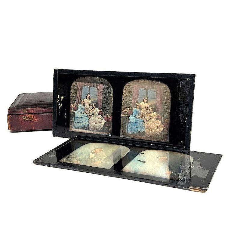 Pair of Tinted Stereo Daguerreotypes in original leathered box