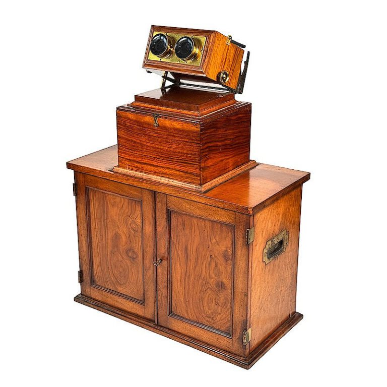 Boxed Stereoscope ‘The Achromatic Table Stereoscope’ with Original Large Storage Base with Double Doors