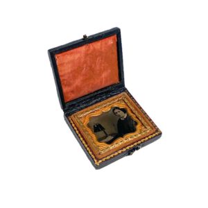 Woman with a stereoscope – cased Ambrotype (A007)