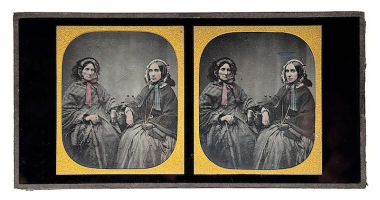 Stereo Ambrotype of two women with a Brewster Stereoscope