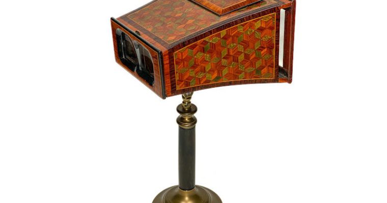 Brewster Stereoscope on Stand, Rich Marquetry, Prismatic Lenses, Luxe