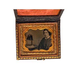 Woman with a stereoscope – cased Ambrotype (A007)