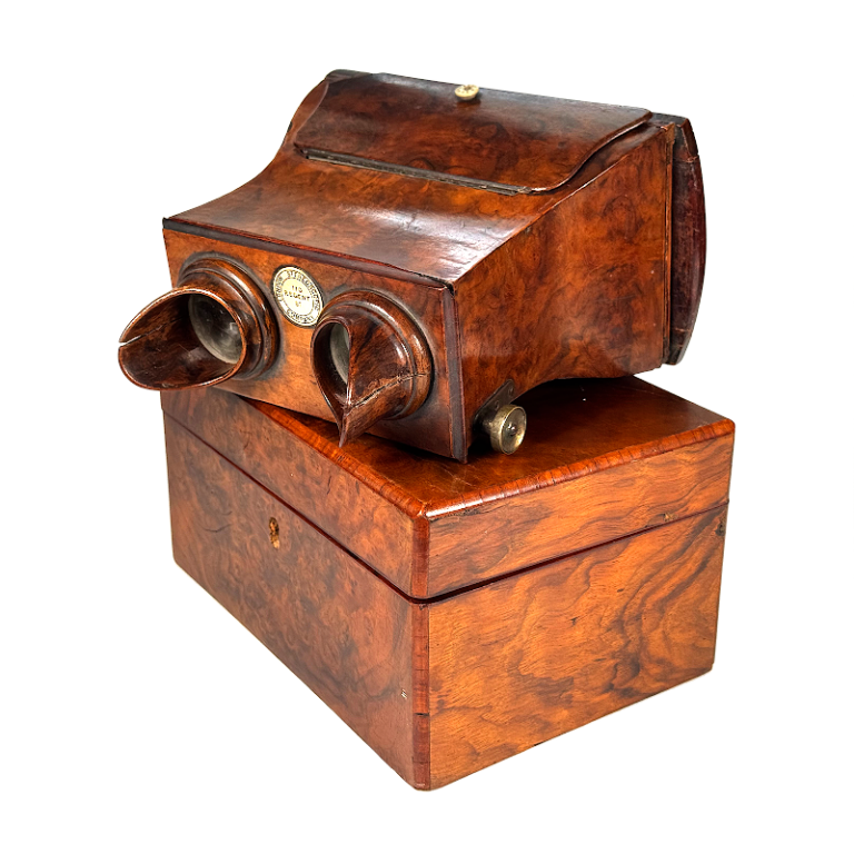 Brewster Stereoscope, Claudet Patent, Burl Walnut with Matching Card Storage Box
