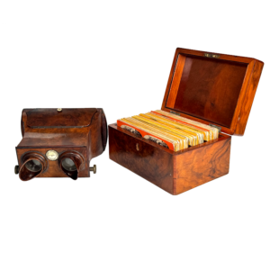 Brewster Stereoscope, Claudet Patent, Burl Walnut with Matching Card Storage Box (SH185)